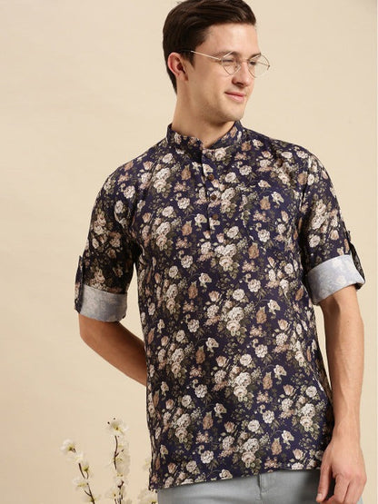 Men’s Navy Blue Floral Printed Pathani Kurta | Ethnic Casual Long Sleeve Kurta