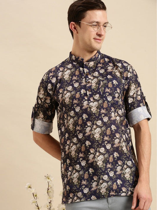 Men’s Navy Blue Floral Printed Pathani Kurta | Ethnic Casual Long Sleeve Kurta